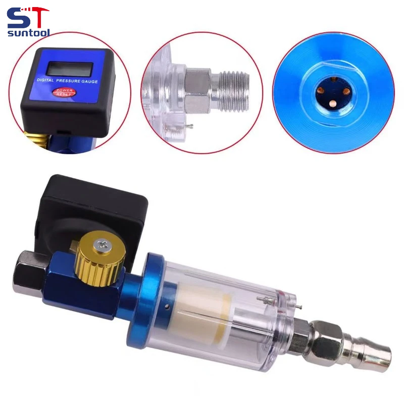 

Suntool Airbrush Electronic Pressure Regulator LCD Digital Display +1/4" Water Oil Separator Pneumatic Spray Gun Tool