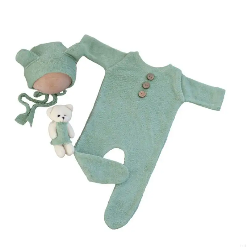 Sweet Newborn Photography Outfit Baby Jumpsuits Hat with Doll Photo Costume