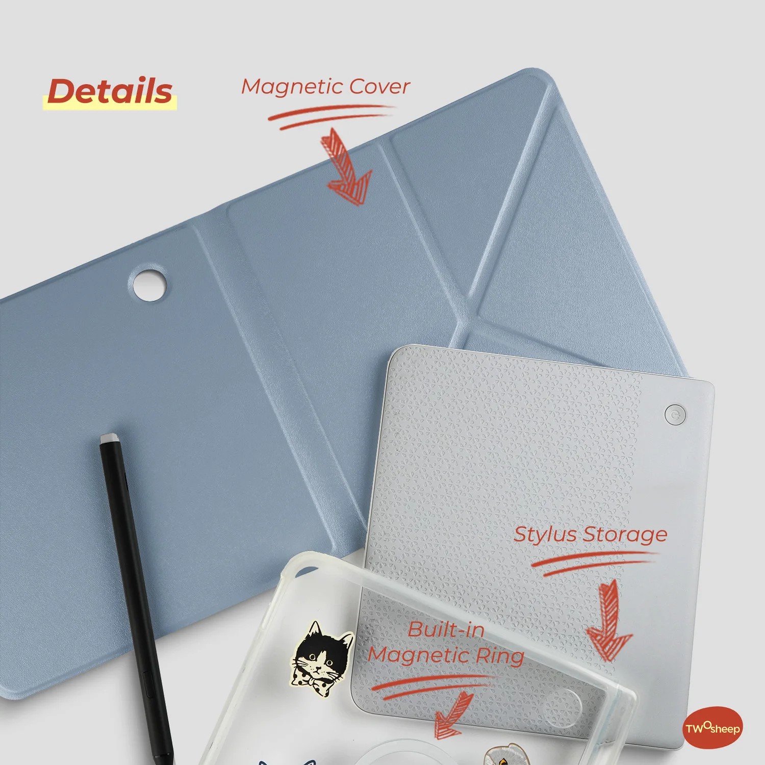 Twosheep Simple Solid Color Detachable Magnetic Case suit for Kobo Libra Colour Kobo Libra2 Pen Holder Stand Cover Slim Shell