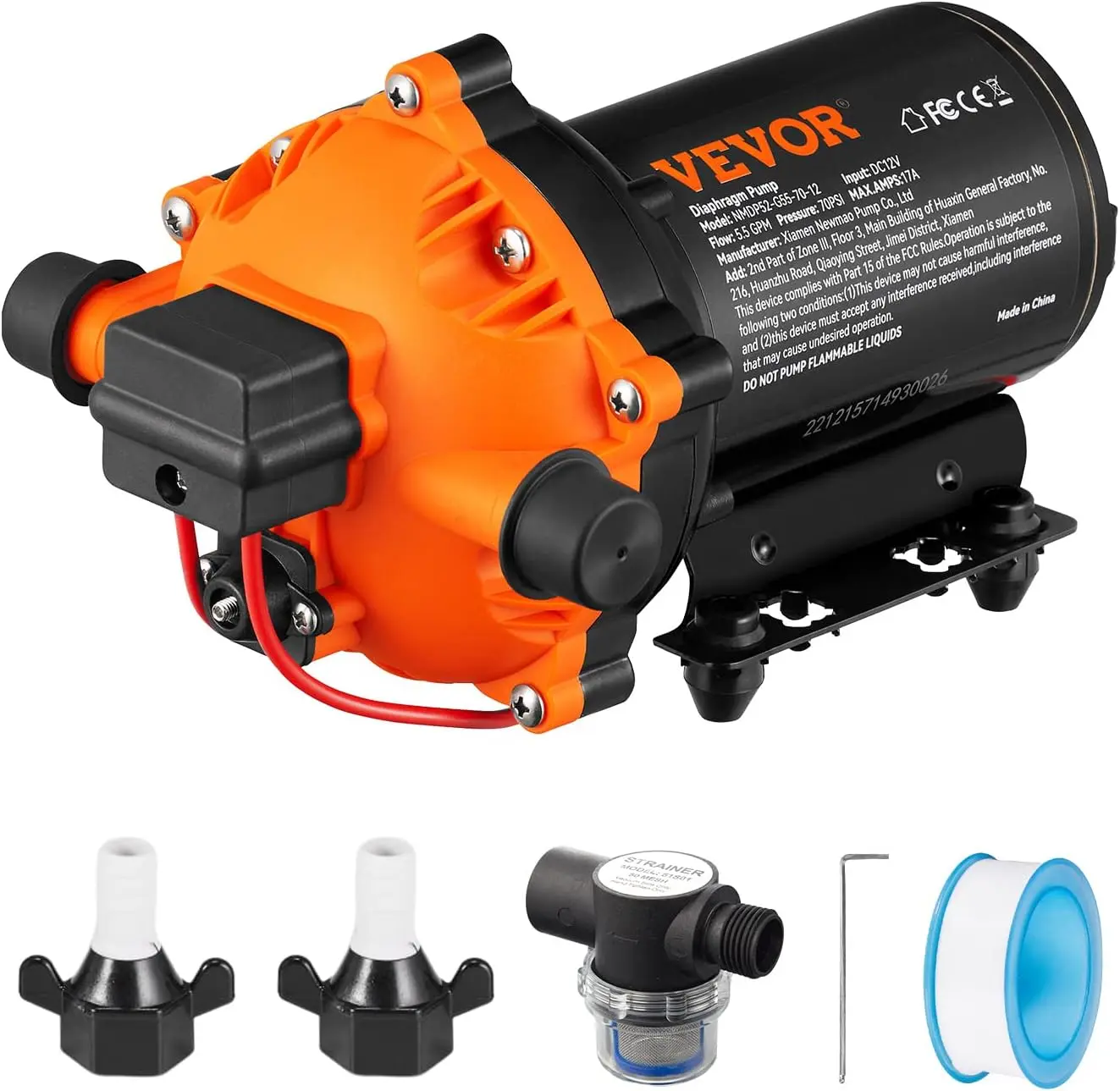

12V DC Diaphragm Pump, 5.5 GPM Flow, 70 PSI Adjustable Pressure, Self-Priming for Car Washing & Irrigation