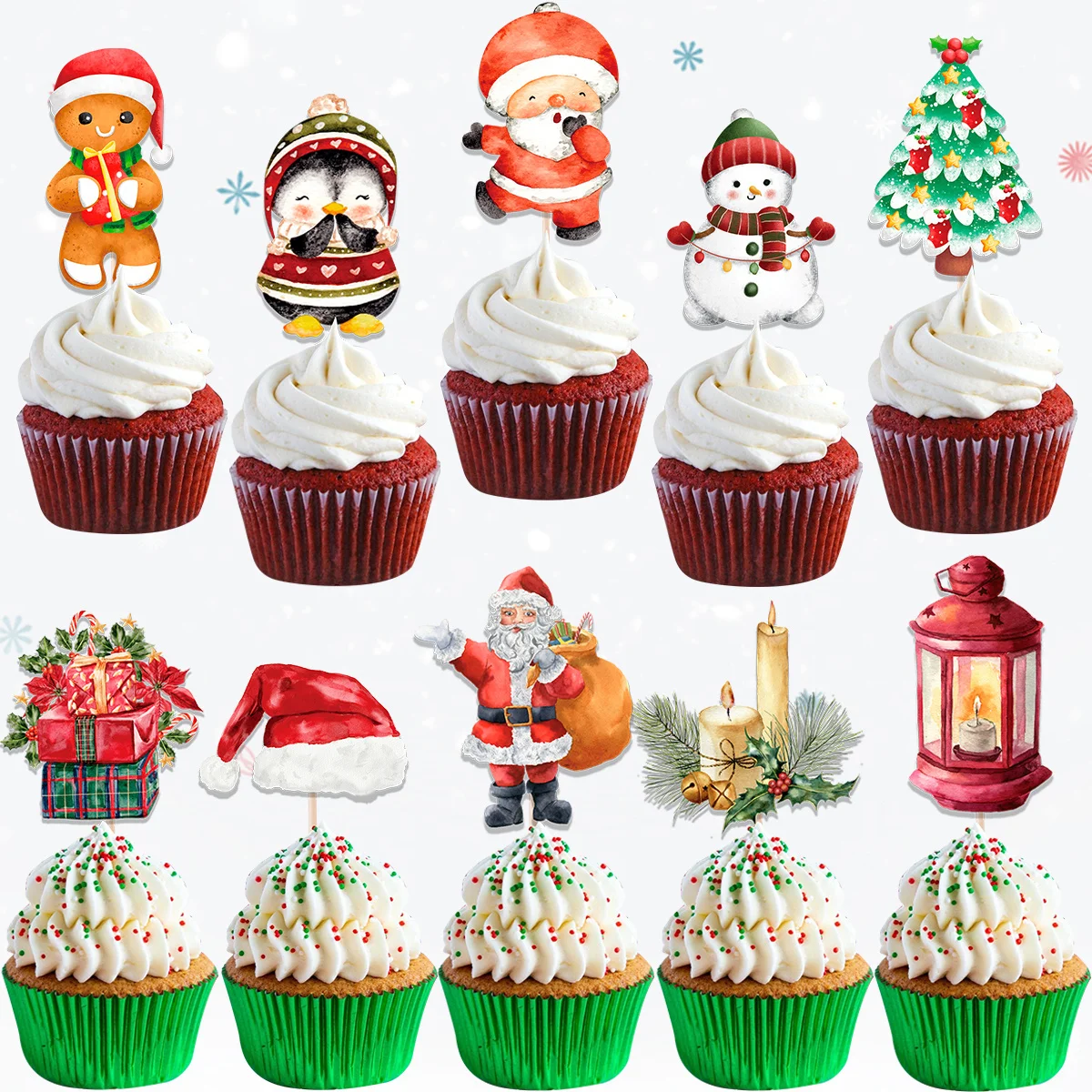 24pcs Weihnachten Cupcake Topper Karton Santa Claus Schneemann Pinguin Topper für Noel Weihnachten Party DIY Kuchen Dekoration Lieferungen