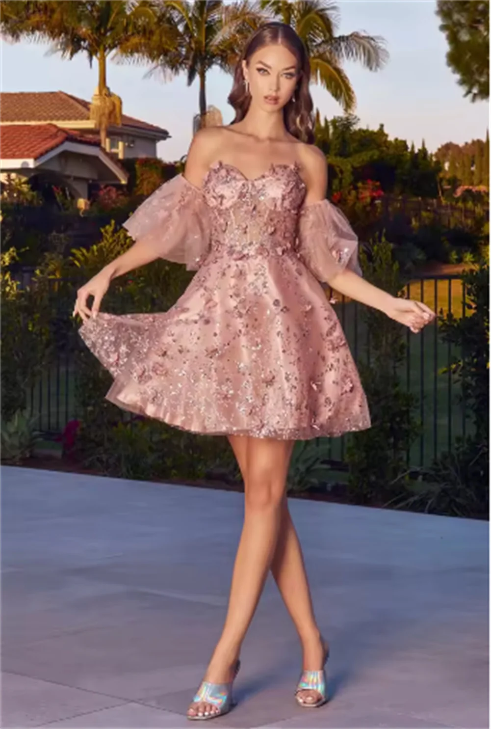 تخصيص الحبيب 3D الزهور فساتين العودة للوطن للمراهقين شير مشد كوكتيل حزب قبالة الكتف ألف خط فساتين حفلات قصيرة