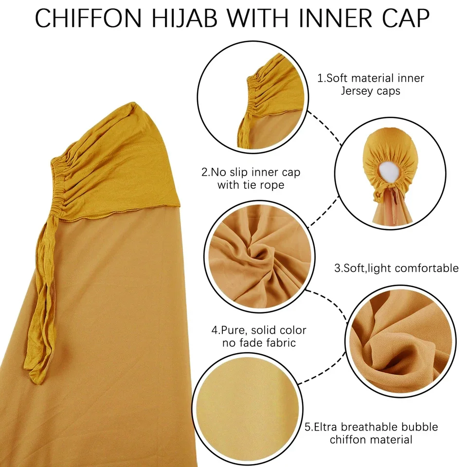 Pin Free Instant Chiffon Hijab Scarf with Undercaps Muslim Women HIjabs with Inner Caps Underscarf Caps Islam Headscarf