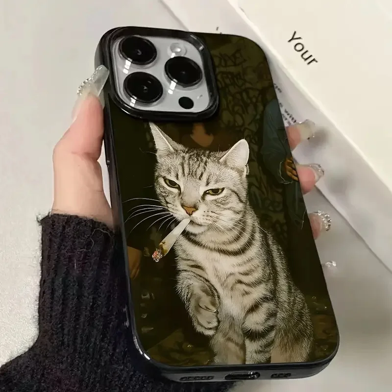 أنيق القط التدخين نمط أسود جراب هاتف آيفون 17 الهواء 16 15 14 13 12 11 17 برو ماكس X XS XR 7 8 زائد SE2 لينة الغطاء الخلفي