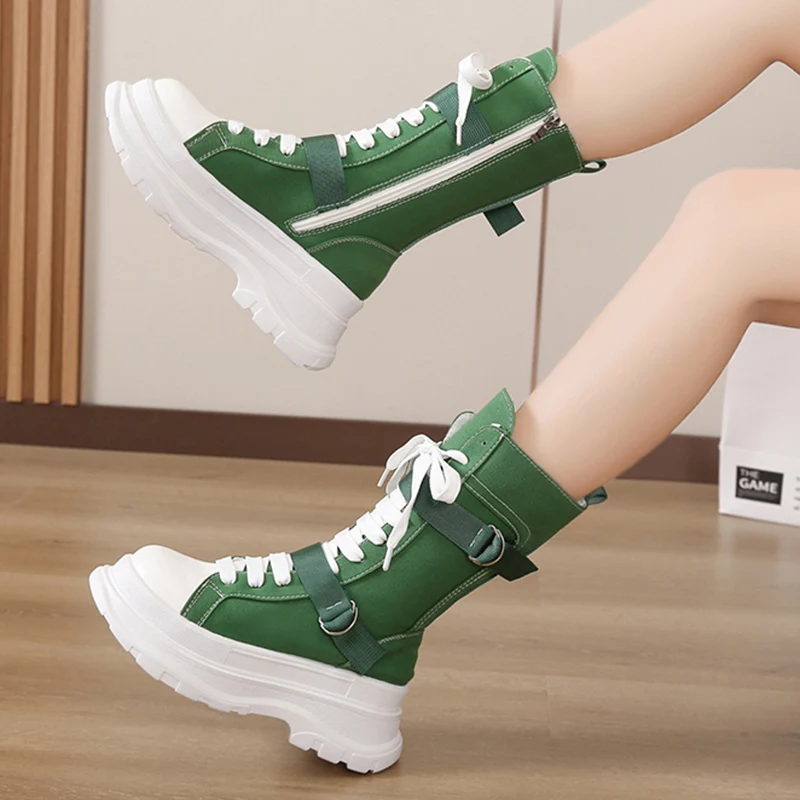 Rimocy Orange Canvas Mid Calf Boots Women 2022 Autumn Lace Up Chunky Platform Boots Woman Thick Bottom Motorcycle Boots Female