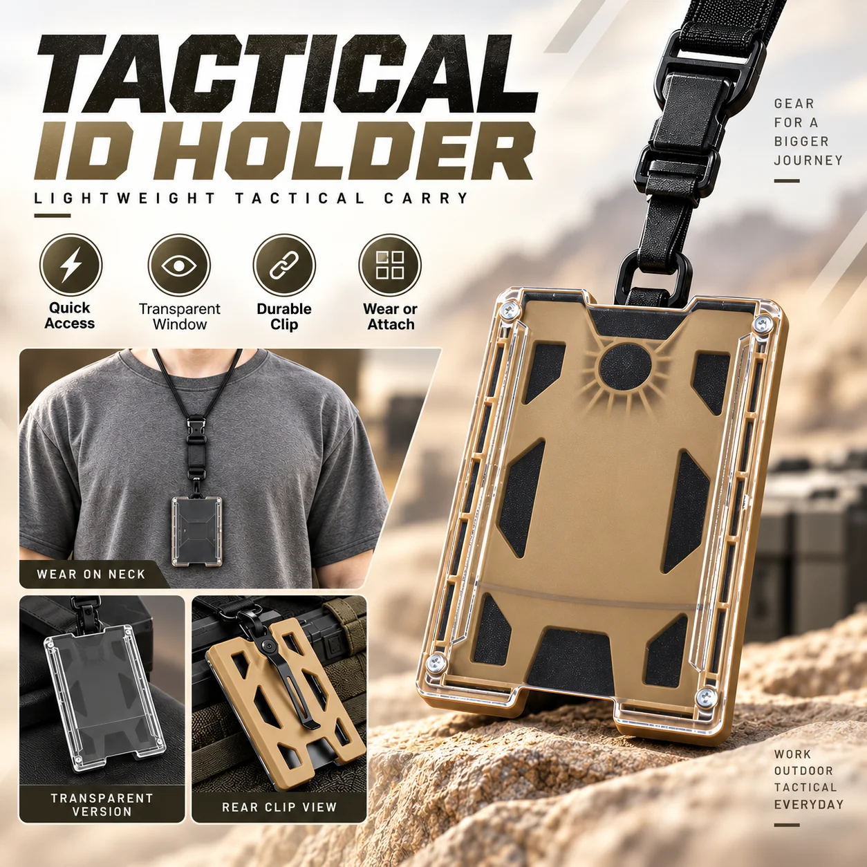 Tactical T4 ID Card Holder Durable Detachable Badge Case with Adjustable Lanyard Removable lifting eye for Training and Work Use