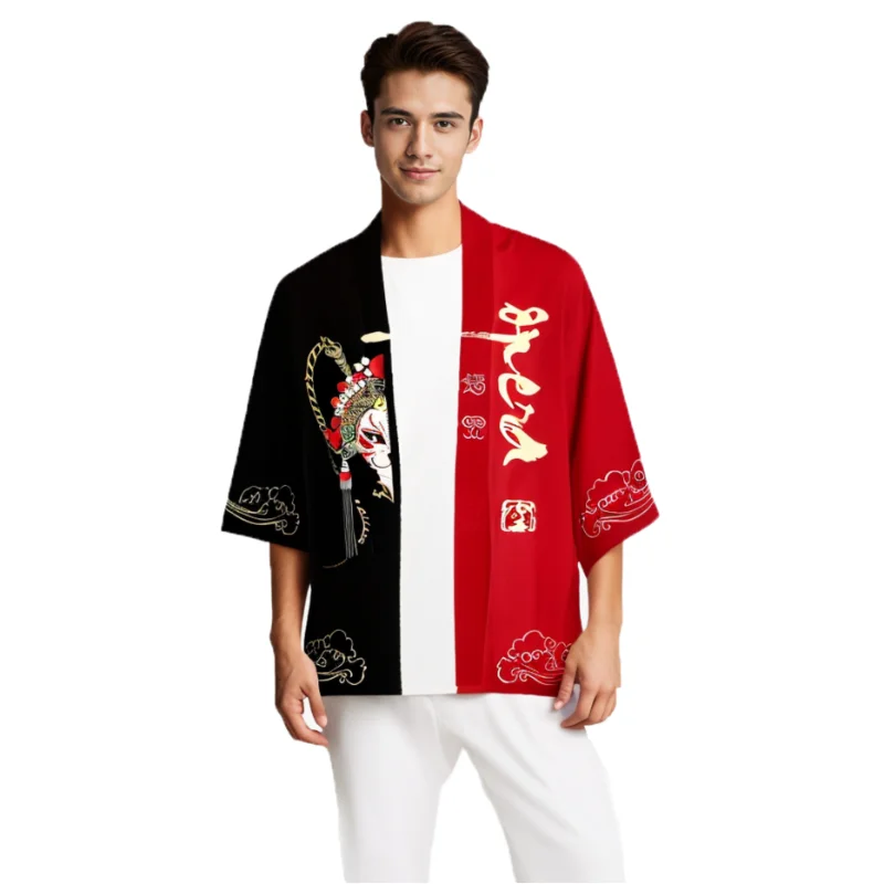 Heren Peking Opera Thema Kleur Blok Japanse Kimono Mantel Rood Zwart Wolken Masker Bedrukt Traditionele Yukata Haori Jas Kostuum