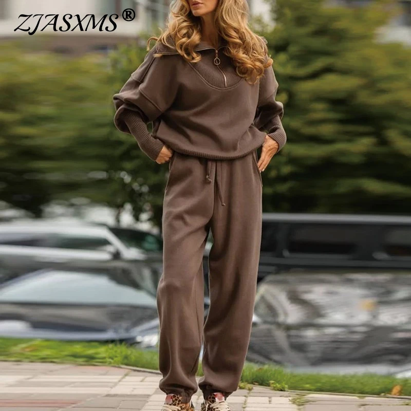 Fall Casual Solid Rib Y2K Two Piece Set Women Zips Lapel Top Sweatshirt High Waist Pants Outfit Winter Long Sleeve Straight Suit