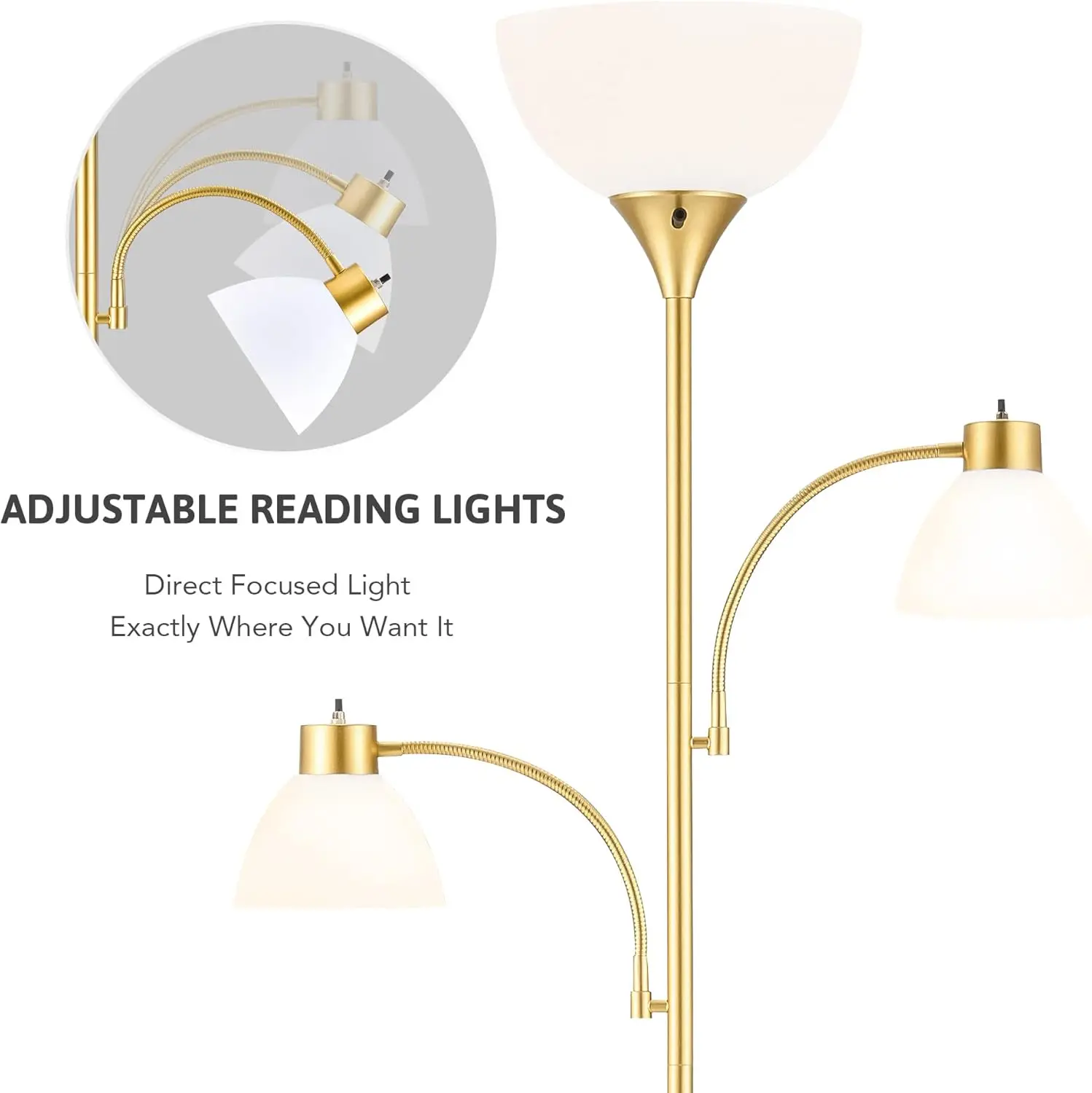 

71" Modern Floor Lamp with 3 Color Temperatures, Gold & White, 3 Bulbs, Adjustable Reading Light