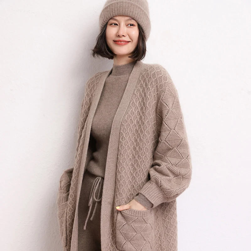 Hot Sale Autumn Winter New 100% Cashmere Cardigan Sweater Women\'s Solid Color Thicking Soft Fashion Long Coat Female