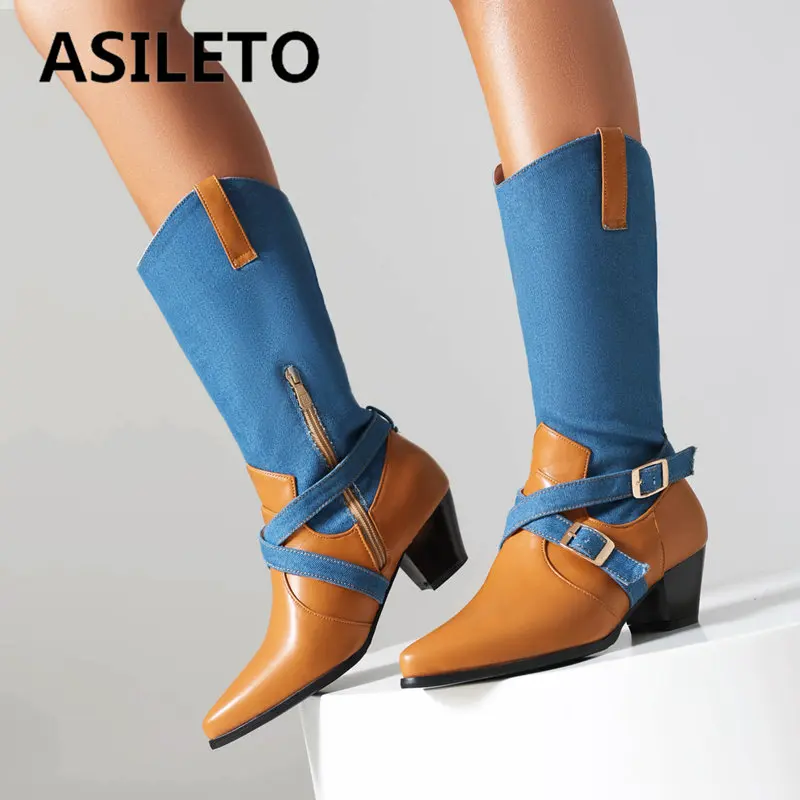 ASILETO Fashion Female Boots Pointed Toe Block Heels 5cm Zipper Belt Buckle Big Size 41 42 43 Mixed Color Leisure Daily Shoes