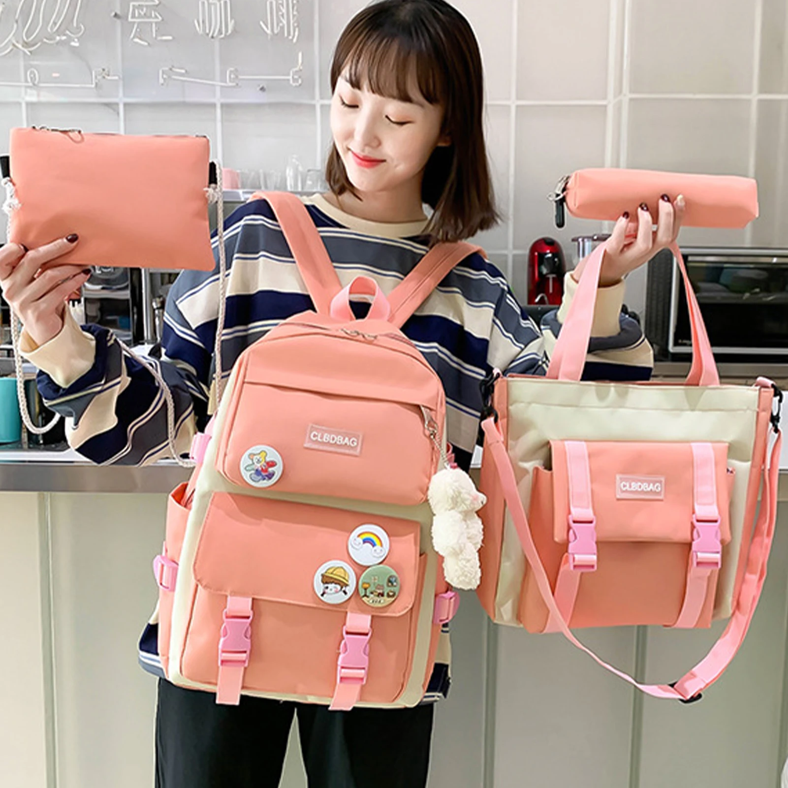 4pcs/set School Backpacks For Students Kawaii Patchwork High School Large Capacity School Bags For Boys Girls Handbag Pencil Bag