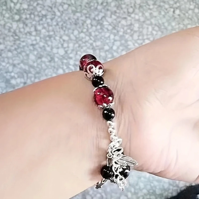 Vintage Black Red Glass Ball Beaded Bracelet Women's Creative Feather Cross Chain Tassel Bracelet Holiday Party Jewellery Gifts