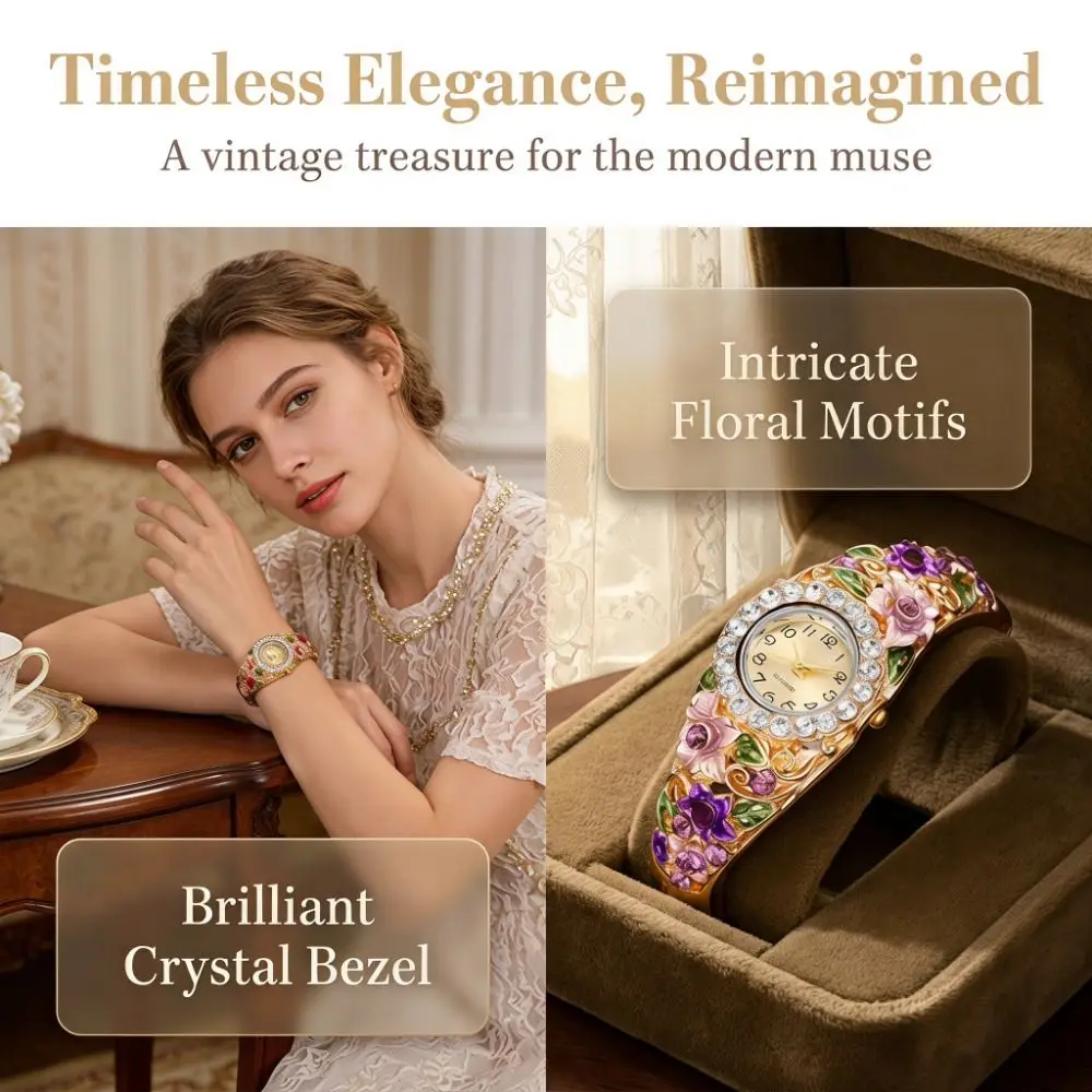 Rich In Flowers Vintage Watch Round Dial Rhinestone Bracelet Quartz Watch Crystal Jewelry Versatile Design Ladies Wristwatch