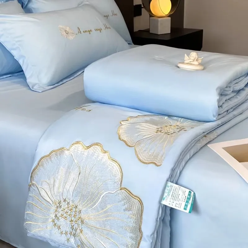 Smooth Ice Silk Summer Quilt Set European Style Skin-friendly Printing 4pcs Bedding Set Washed Silk Quilt Cover Bed Sheet Gift