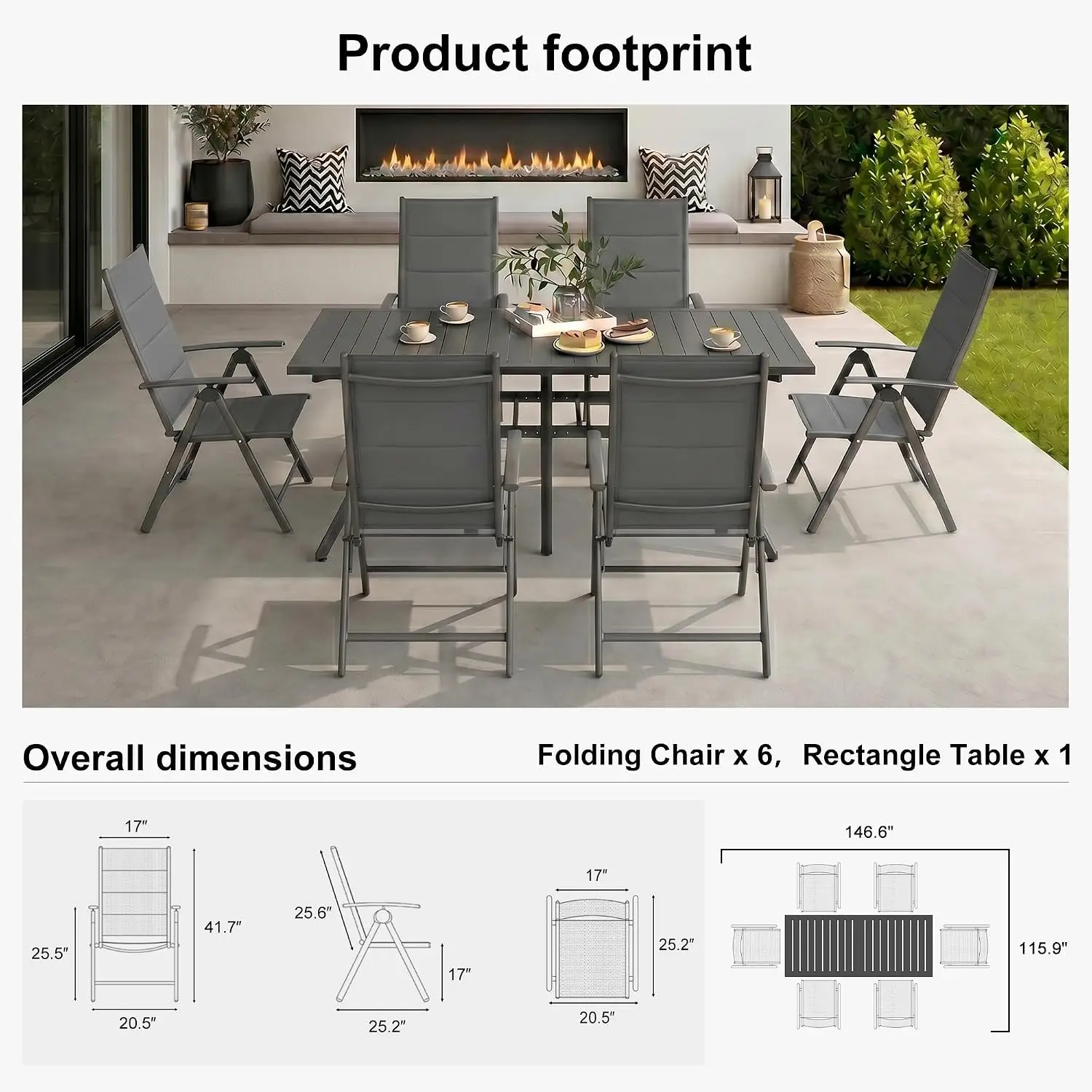 Outdoor Dining Set for 6 Patio Table & Chair w/Padded Seat, Customized