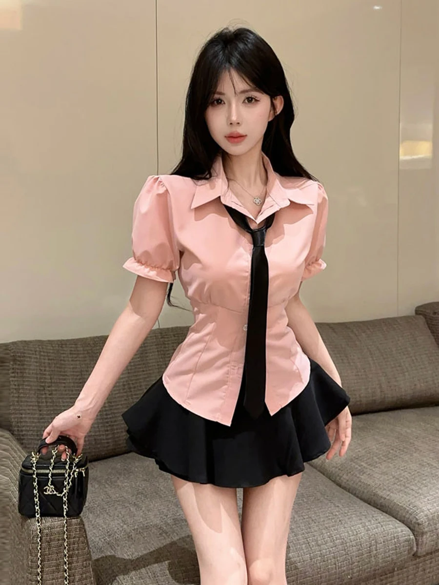 

Sweet Pure Desire Girl Shirt And Skirt Set with Bubble Sleeves And Bow High Waist Puffy Short Skirt School Uniform Style