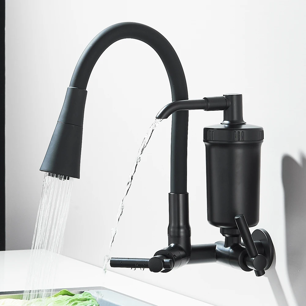 Wall Mounted Black Kitchen Faucet With Filter Flexible Rubber with 2-way Function Sprayer