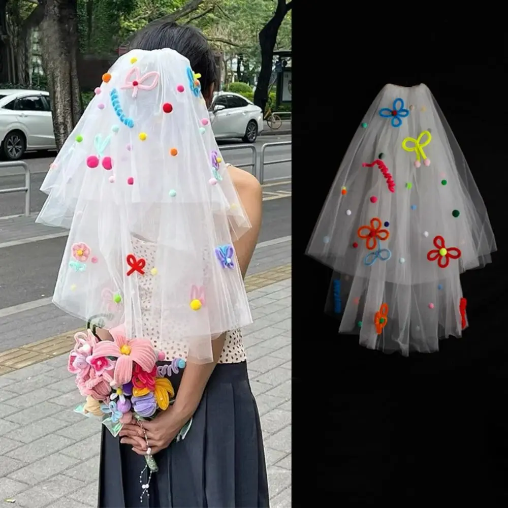 New Colorful Wedding Veils with Clip Sweet Pompom Mesh Tulle Butterfly Photo Props White Veil Bridal Veils Headdress Accessories