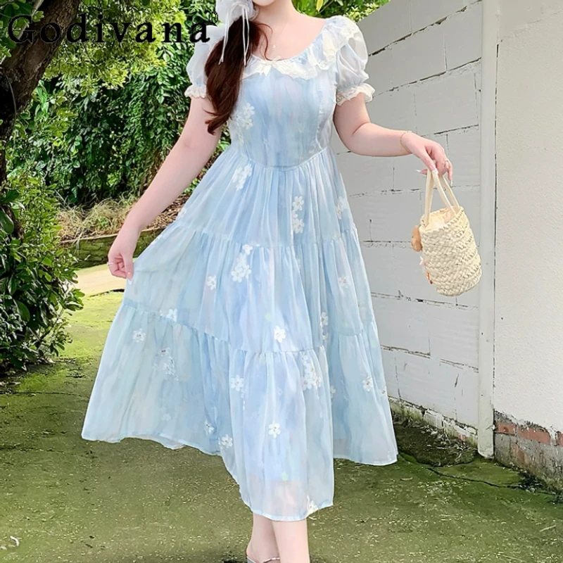 

Large Size Female Elegant French Sweet Embroidered Lace Holiday Dress Fashion High Waist Short Sleeve Blue Princess Long Dresses