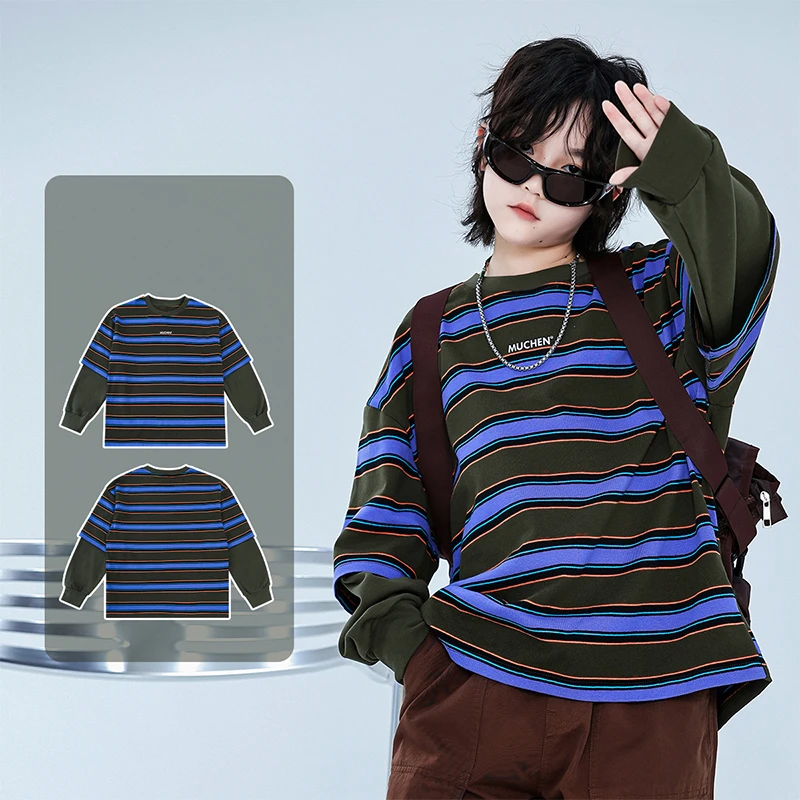 New Fashion Children Fake Two Pieces Sweatshirt for Teens Boy Casual Blue Striped Tops Korean Kids Stylish Cotton Autumn Clothes