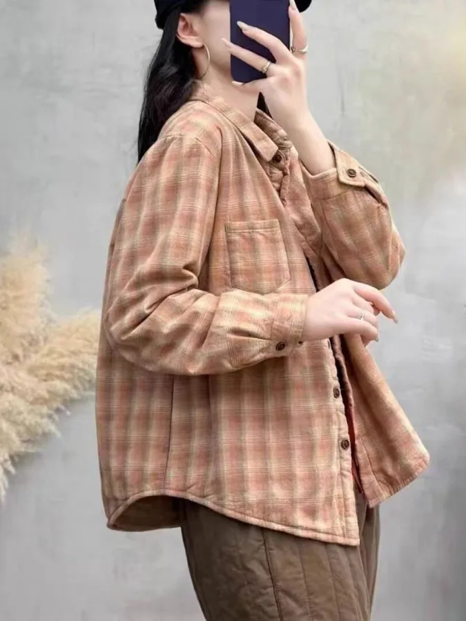 

Plaid Cotton irt Women's Casual Loose Warm Inner Wear Long Sve Top Retro Sle Thiened Winter Season Online Exclusive