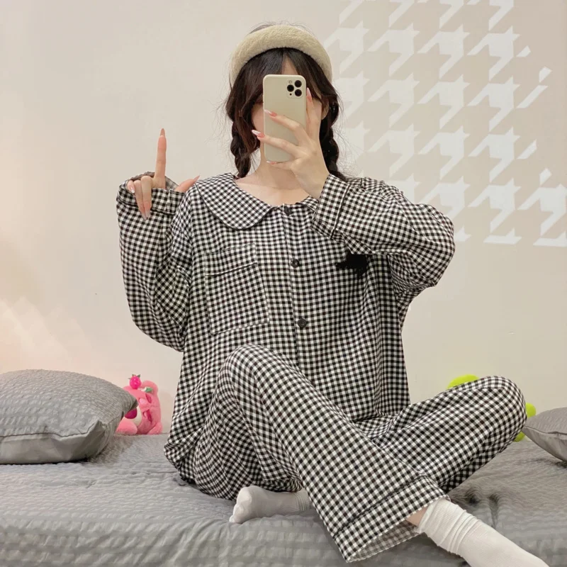 Plus Size Pajama Mujer Cherry Print Sleepwear Set Long Sleeve Top+Pants Ruffle Homewear Skin-Friendly Breathable