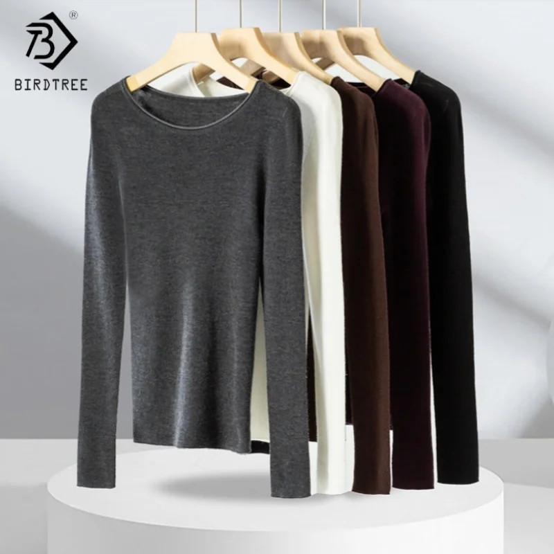 Birdtree,100% Sheep Wool Knitted Undershirt,Women O-neck Bottoming Shirt,Seamless,Slim Fit,2025 Autumn Winter Pullover T5N601JF