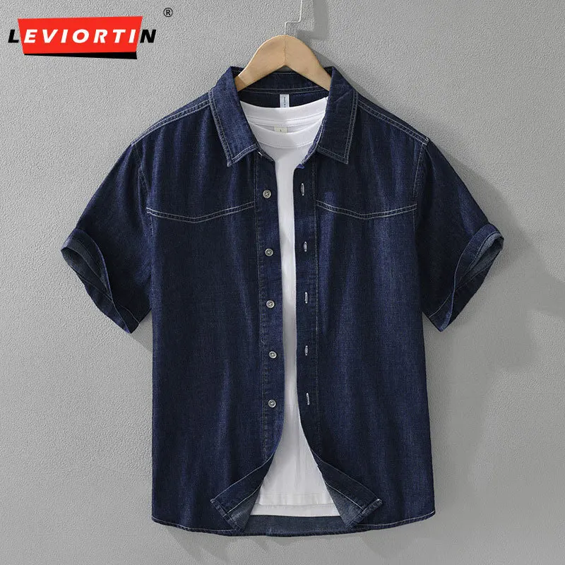 

2025 Summer men's Japanese retro denim short sleeved shirt, fashionable and versatile artistic and casual, loose solid color top