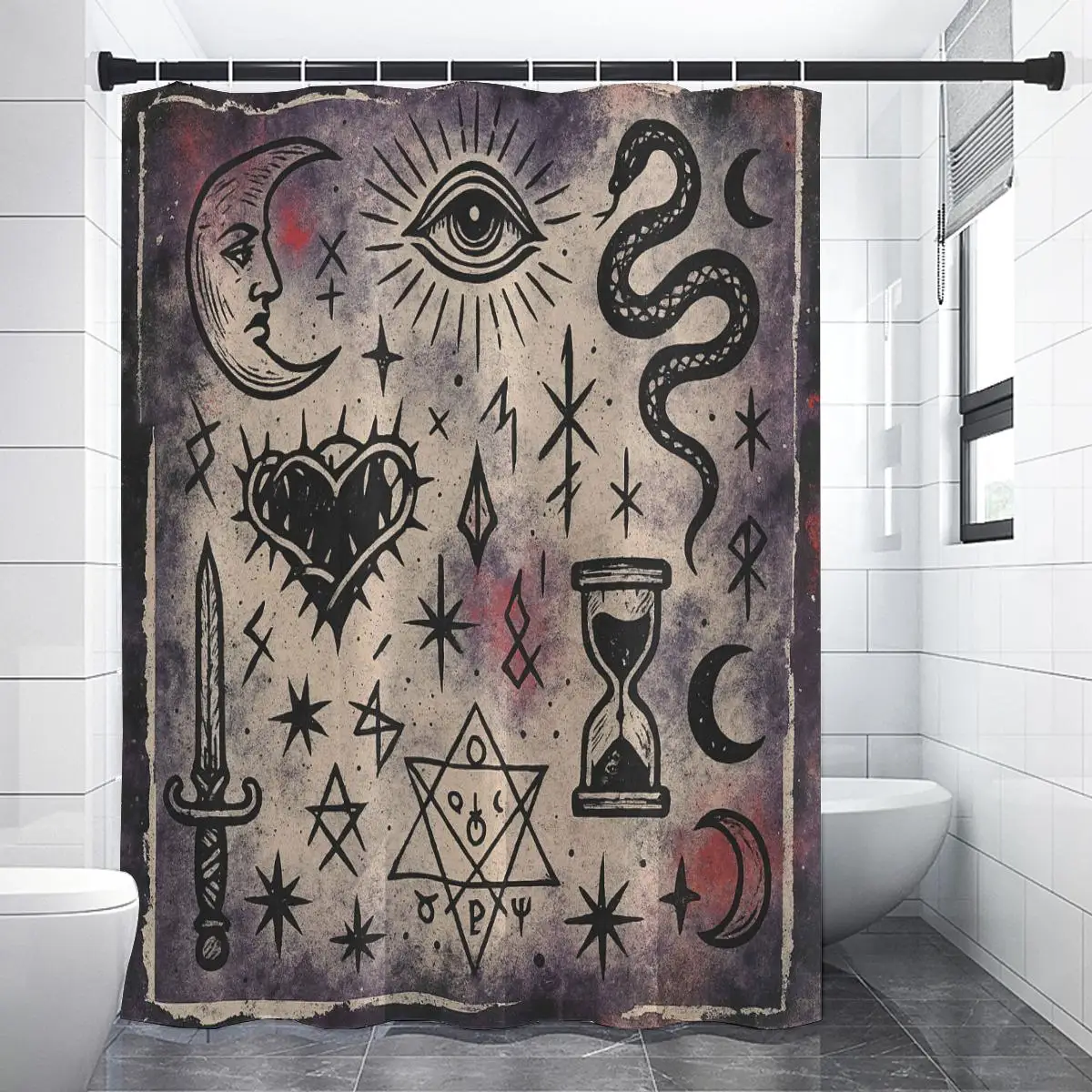 Mystic occult zodiac symbols shower curtain dark grunge aesthetic bathroom decor tapestry