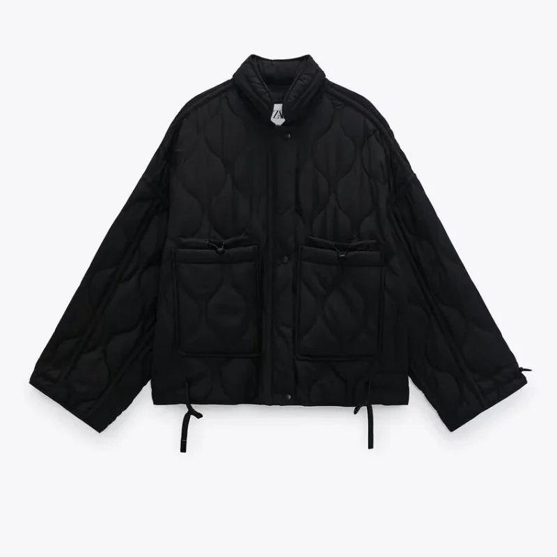 

Warmth And Sle ort Loose Cotton Jaet Stand Collar Wave Stitching Dstring kets Retro Casual Autumn Winter Coat