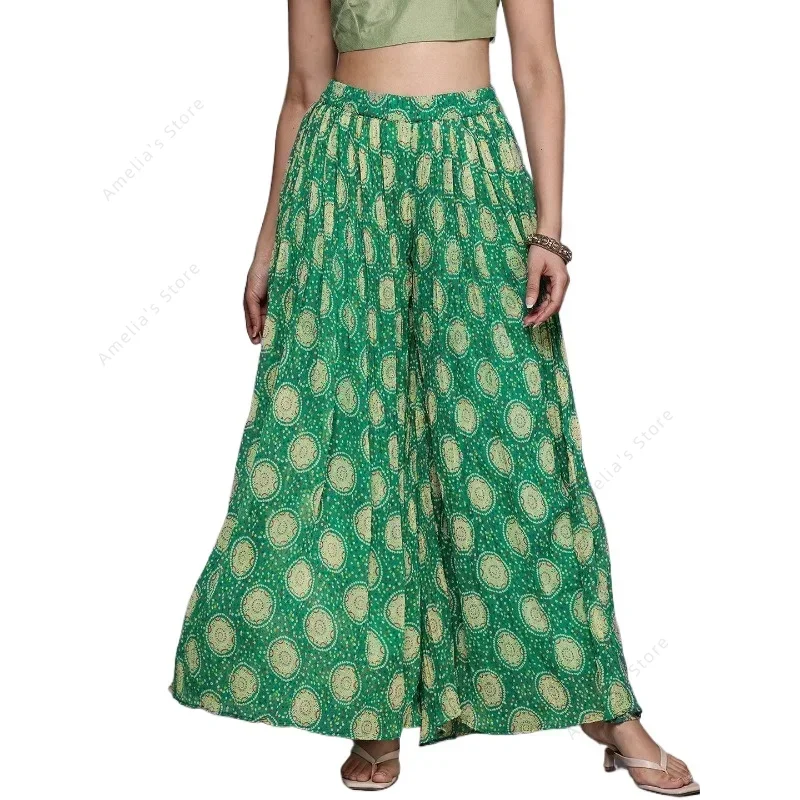 

Indian Pants for Women High Waisted Wide-Leg Elastic Waist Loose-Fitting Georgette Green Versatile Trousers