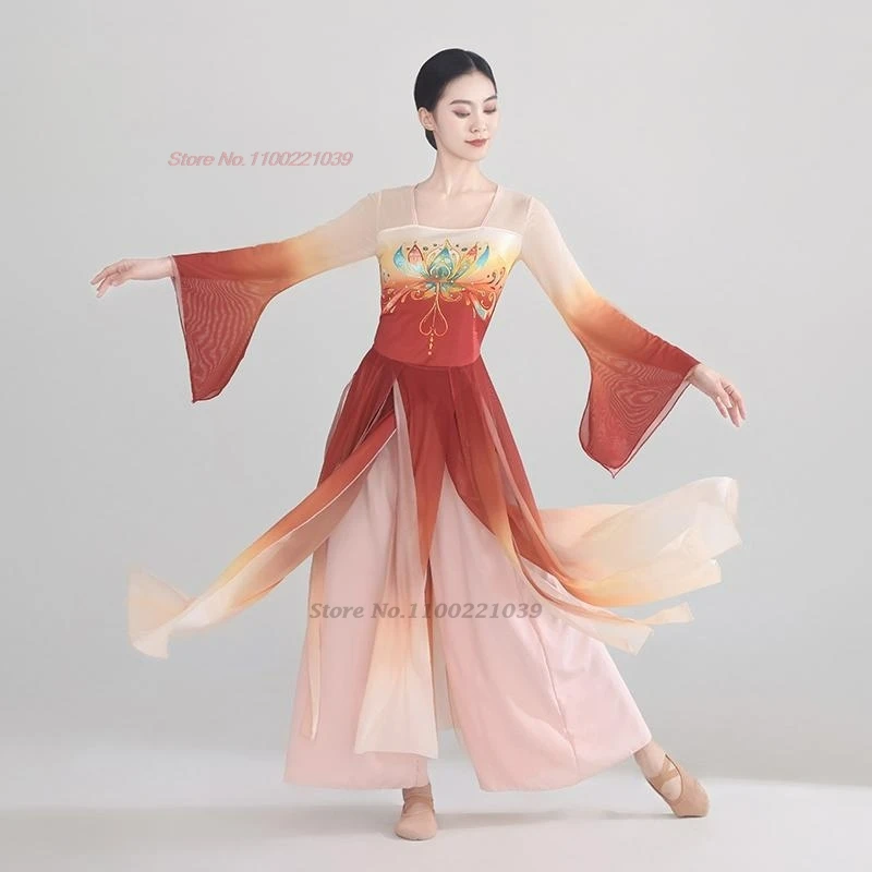 

2025 chinese folk dress dance costume traditional stage performance dress gradient color flower print mesh hanfu dress+pants set