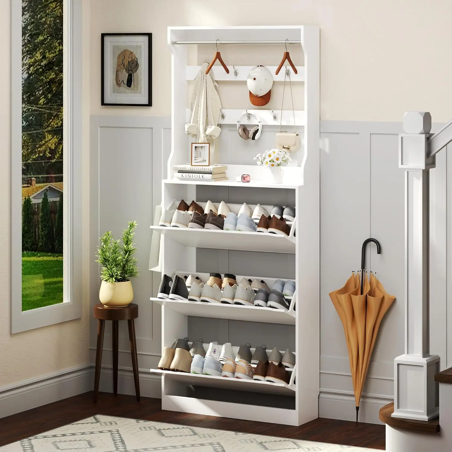 Slim narrow hall tree white shoe cabinet 3 flip drawers coat rack entryway