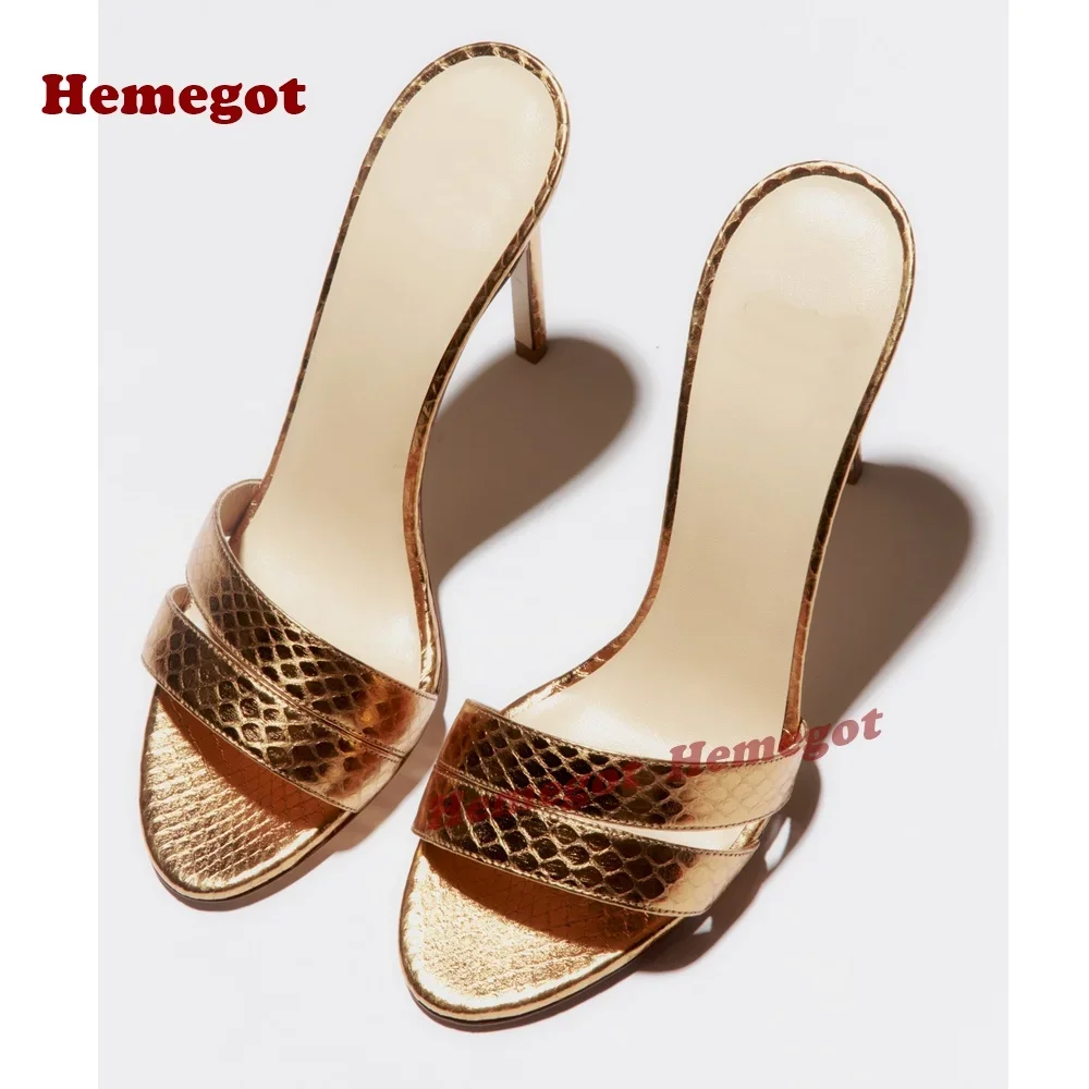 

Gold Snakeskin Stiletto Slippers Open Toe Cut Out Glossy Slip On Women's Slippers 2025 New Thin Heels Elegant Casual Shoes Sexy