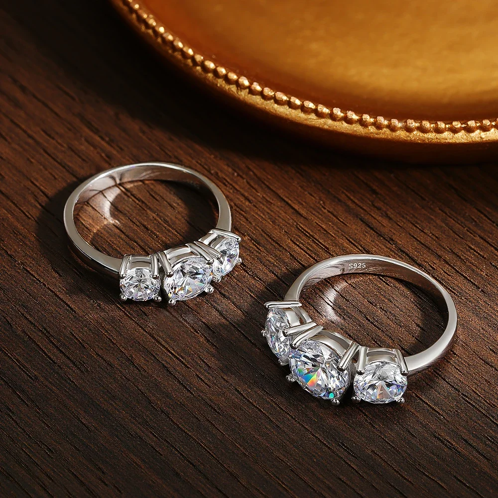 2/4 Carat D Color Moissanite Diamond Rings with GRA Certificate Round Cut Three Stones Ring Engagement Wedding Bands Jewelry