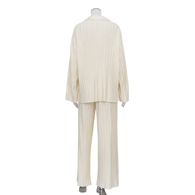Y2K Pleated Loungewear Autumn Women Trousers Set Elegant Long Sleeve Button Down Shirt Wide Leg Pants Two Piece Pajamas Set