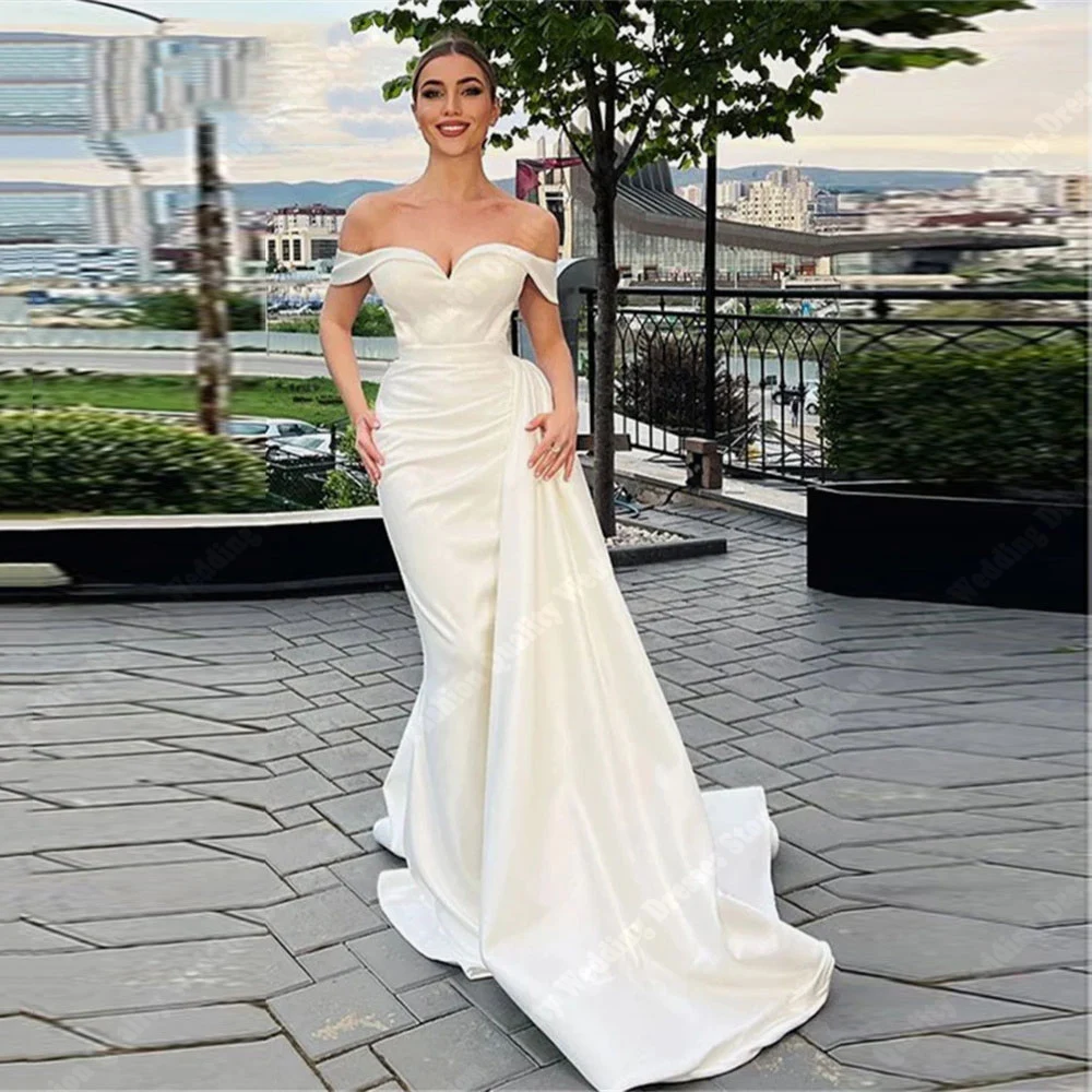 Elegant White Mermaid Women Wedding Dresses Sexy Glittle Satin Surface Bride Gowns Off The Shoulder Backless Vestidos De Noivas