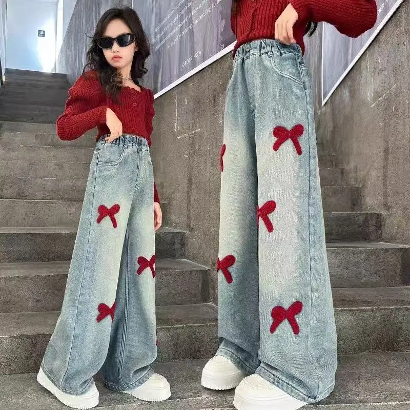

Girls' Spring and Autumn Cowboy Straight Leg Pants 2026 New Children's Versatile Wide Leg Pants