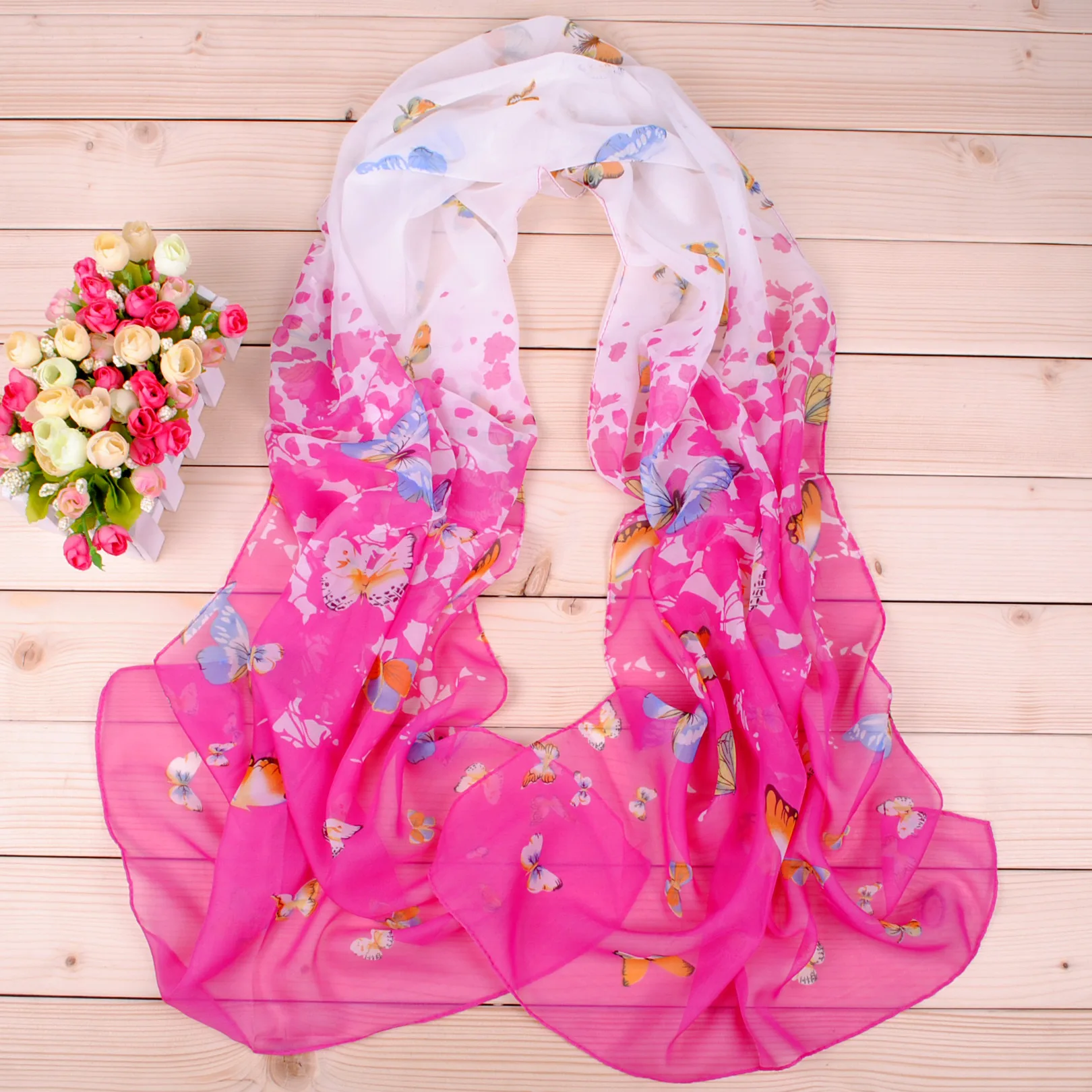 New Yiwu Colorful Little Butterfly Women\'s Printed Chiffon Long Scarves Wholesale Spring and Summer Printed Scarves