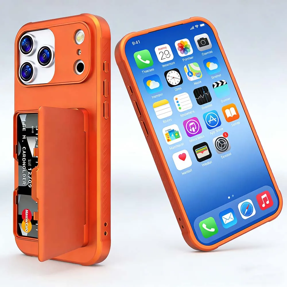 

for iPhone 17 Pro Max Card Slot Pocket Holder Wallet Holder Case Orange Hidden Card Slot Pocket PC+TPU Holder with Makeup Mirror