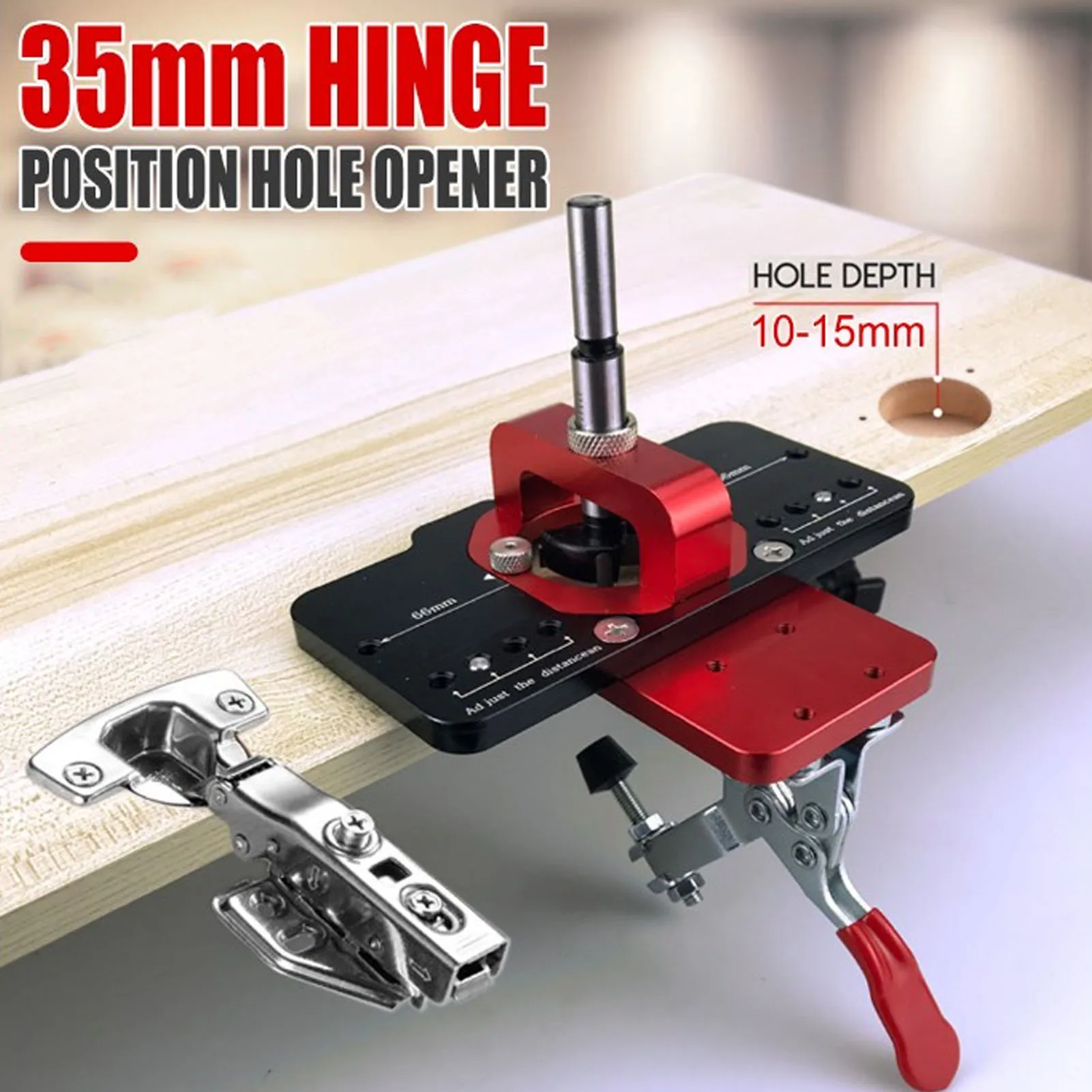 

Hinge Jig Drilling Hole Puncher Adjustable Depth Aluminum Alloy Erosion Resistant 35mm Hinge Jig Kit for Woodworking Mounting