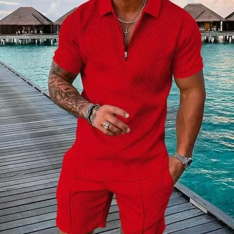 Hawaii New Men's Suit Fashion Men Casual Sets Solid Summer V-neck Zipper Short Sleeve Shirt+Shorts Two Pieces Suit - Image 4