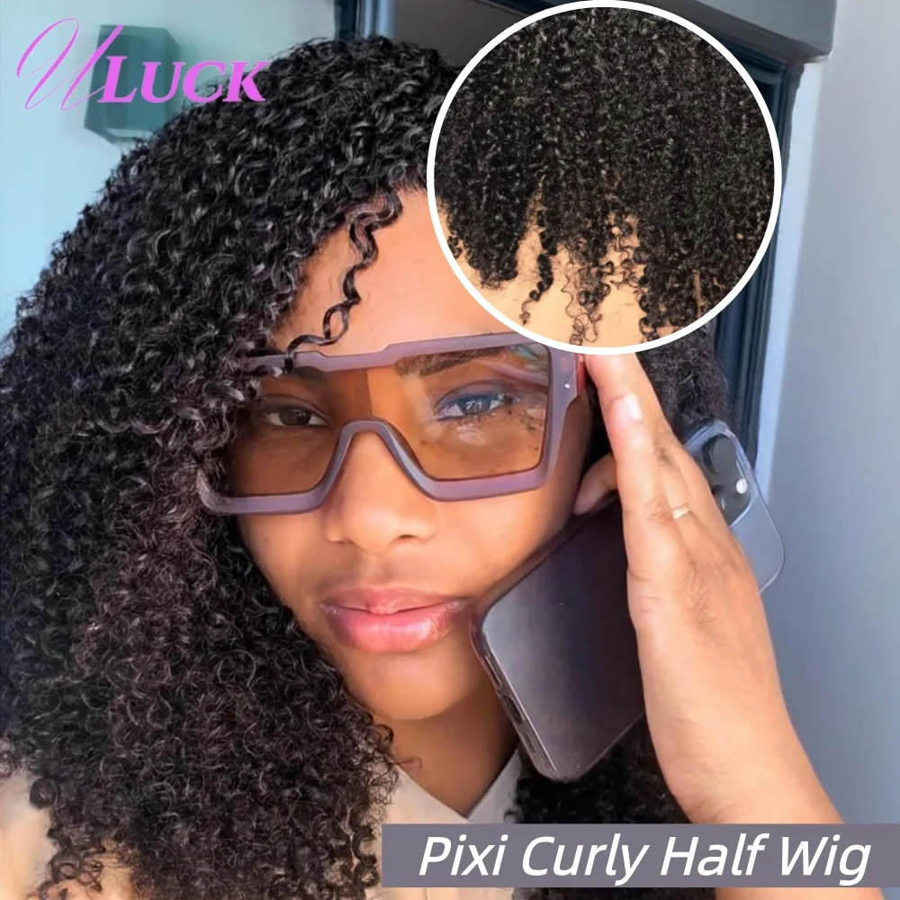 

Uluck High Density Glueless Wigs Adjustable Invisible 3/4 Half Wigs Burmese Pixie Curly Human Hair Wigs With Drawstring Seamless