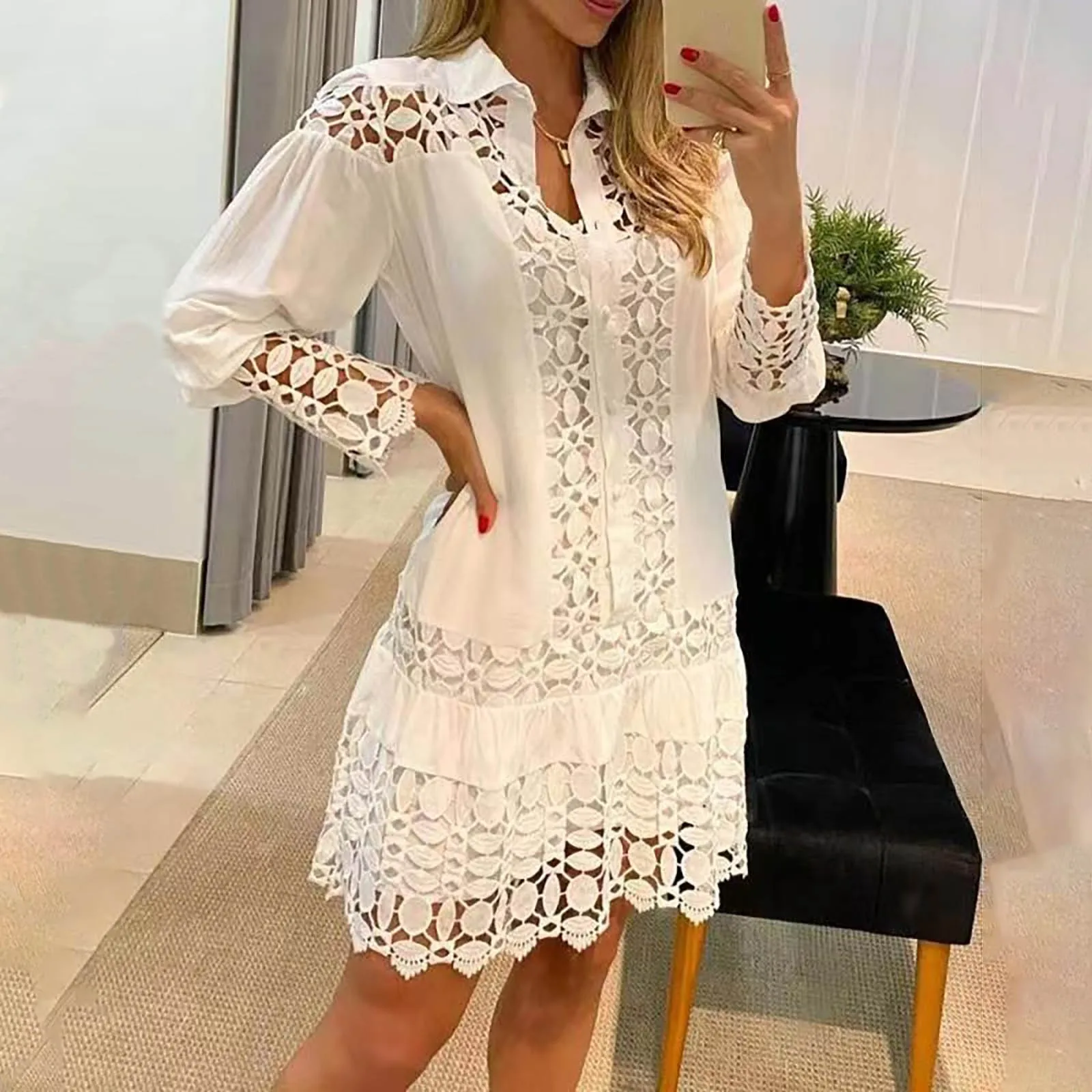 Vestido Formal informal de algodón para mujer, camisa de manga larga ahuecada con solapa, vestido de regazo, vestido de hadas elegante, primavera y verano