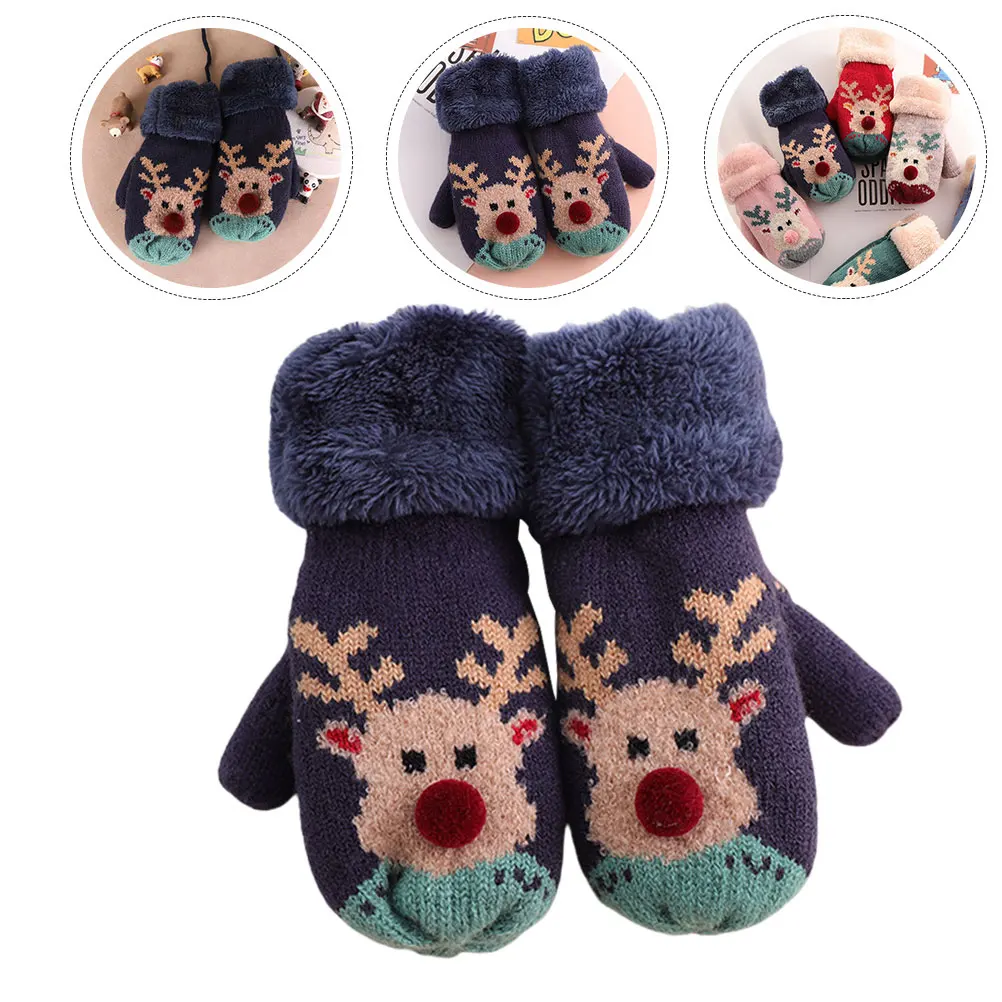 

1 Pair Christmas Knitted Gloves For Girls Warm Thickened Mittens Insulated Windproof Full Finger Hand Protection Cycling Kids