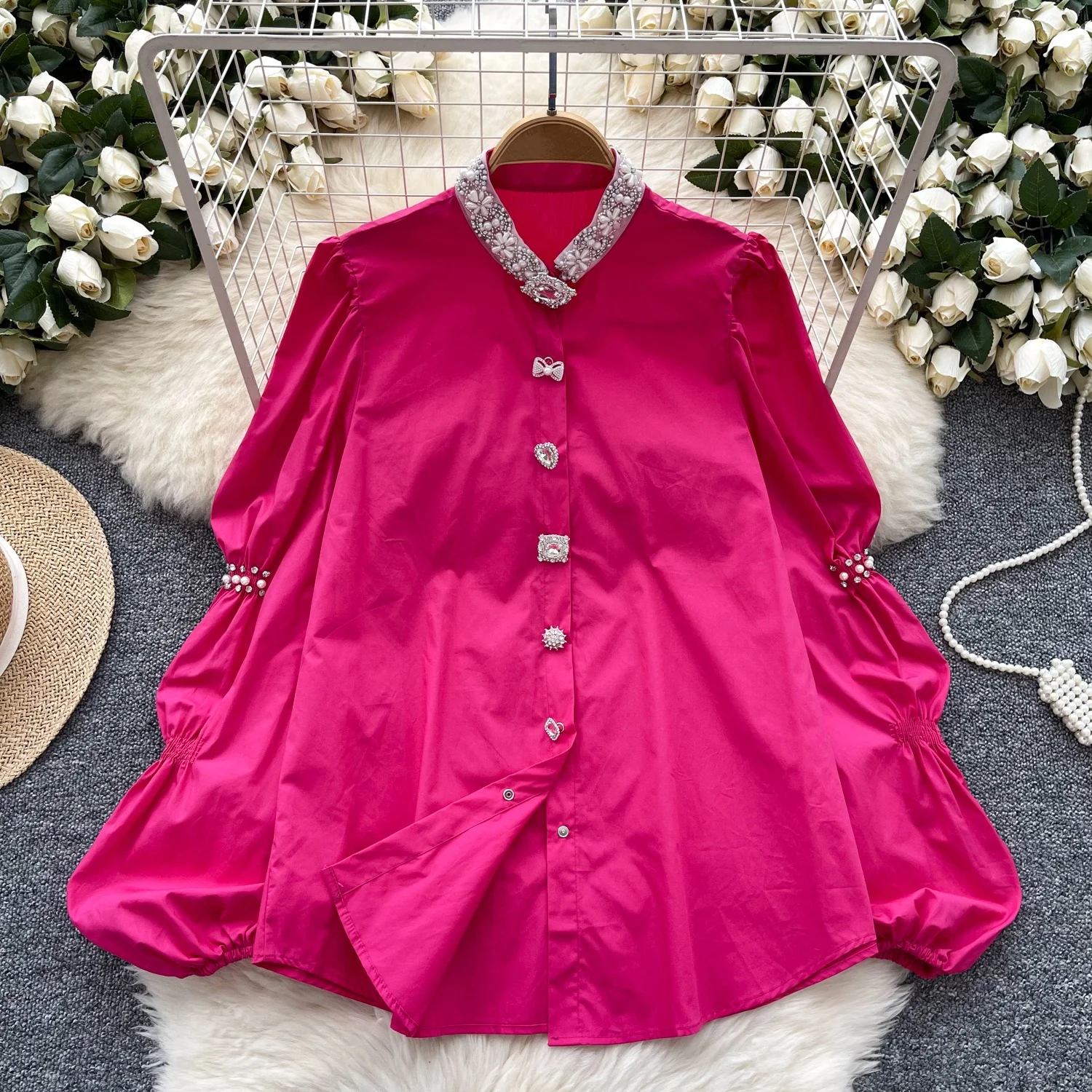 

Clothland Women Sweet Beading Rainestone Blouse Pearl Long Sleeve Shirt Female Casual Fashion Tops Blusa Mujer LB170