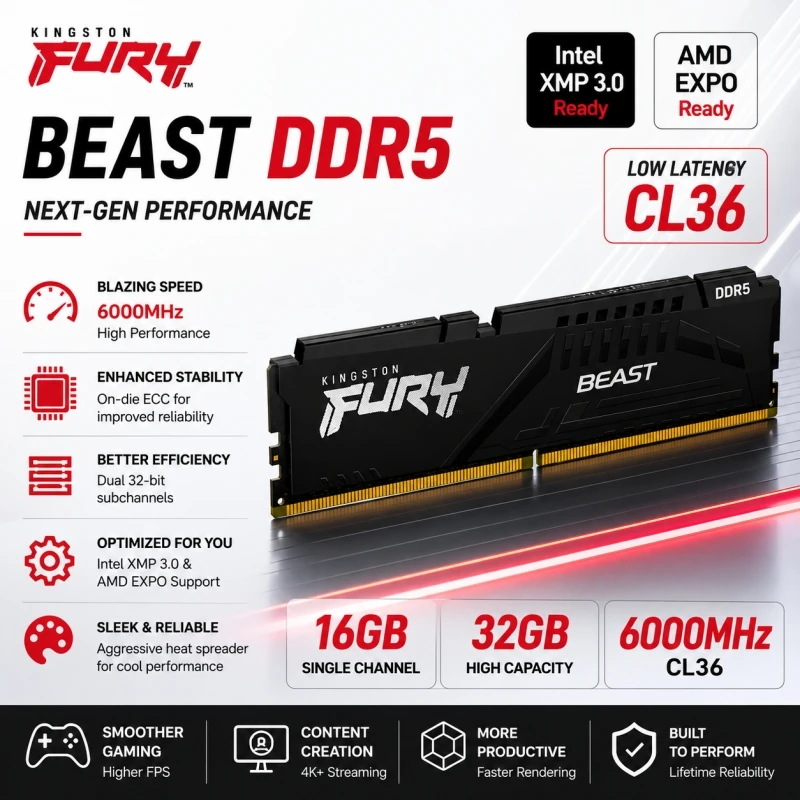 Kingston Fury Beast DDR5 RAM 16GB/32GB 6000MHz CL36 デスクトップ