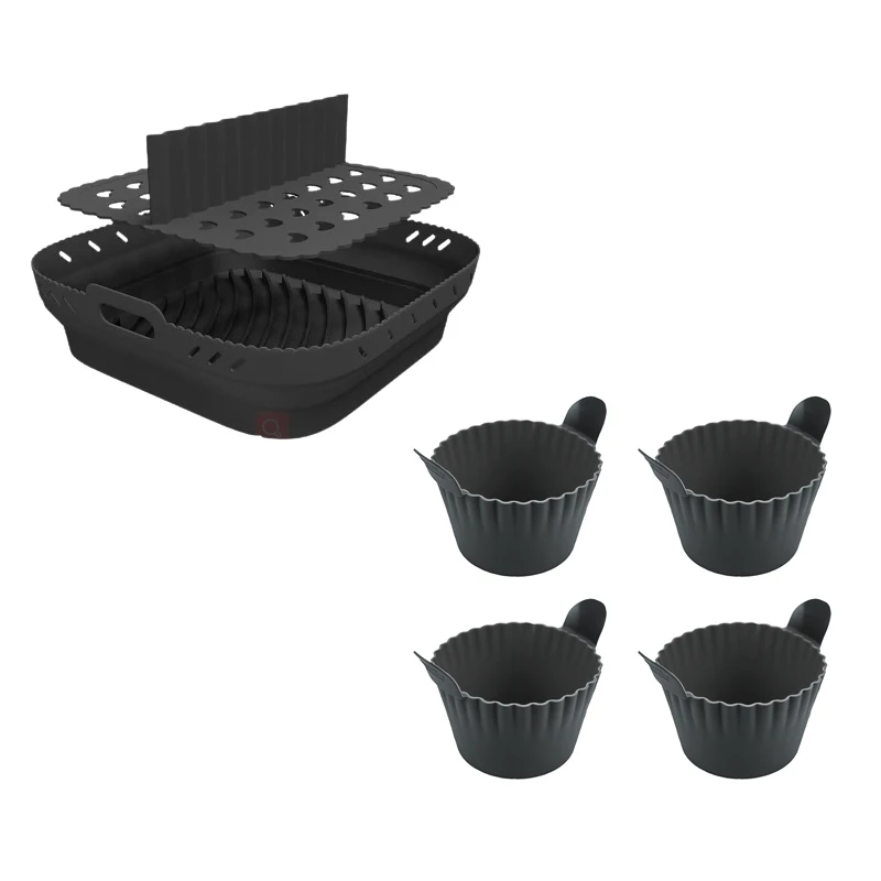 BPA Free Air Fryer Silicone Basket Plate with 4 Egg Cups 8.5Inches Air Fryer Liner Foldable Airfryer with Silicone Baking Cups