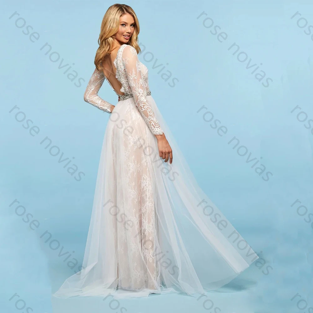 High Quality Elegant Weeding Dresses Sexy Tulle for Floor-Length O-Neck Backless Prom Lace Crystal Vestidos De Fiesta Customized